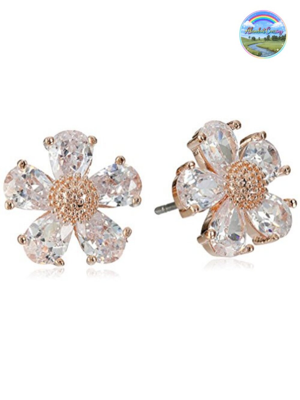 Crystal Flower Stud Earrings Rose Gold Tone Post Back